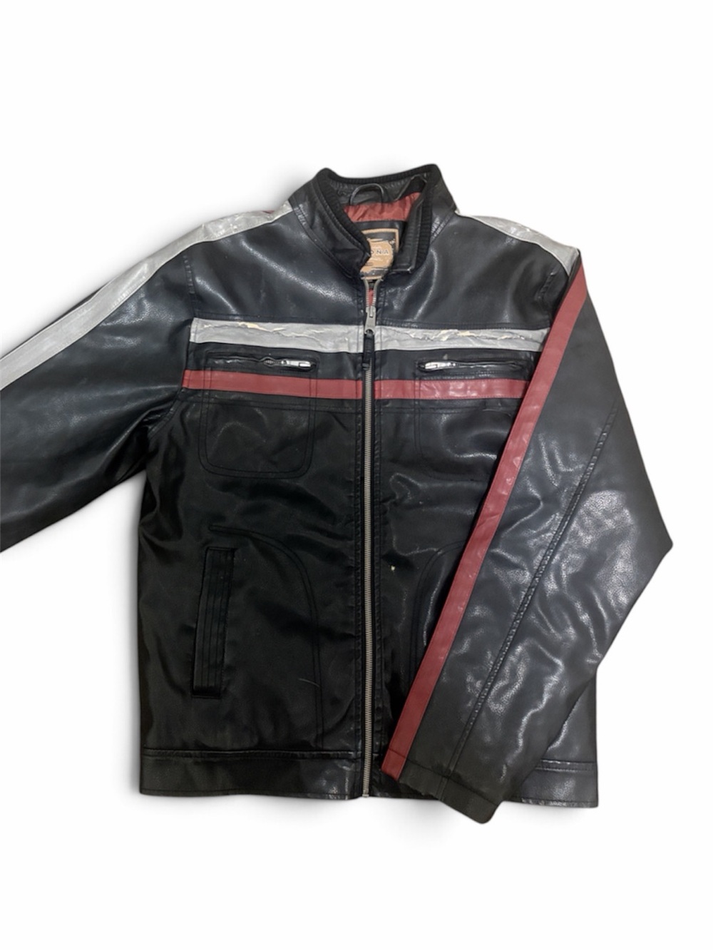 Arizona Men’s Vintage Leather Racing Bomber Motorcycle Jacket Black Red Silver S